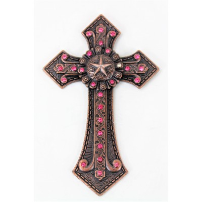 7007COP-PNK PINK CRYSTAL / COPPER WALL CROSS / W STAR